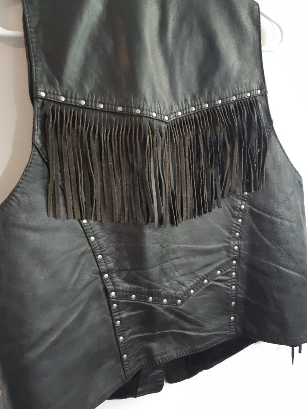 Vintage Genuine Leather Fringe Vest Biker Western Black LaceUp Made In Canada M - Picture 9 of 9